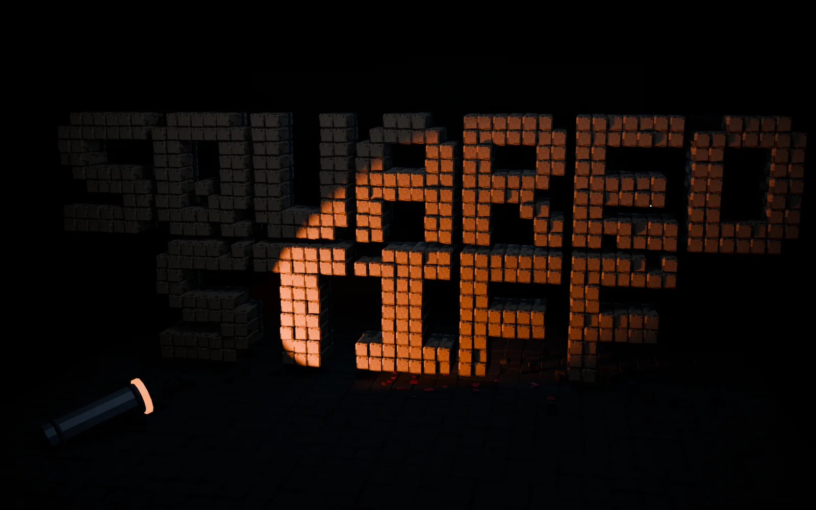 Squared Stiff, spelled out in concrete cubes in a dark tunnel, lit by a fallen flashlight